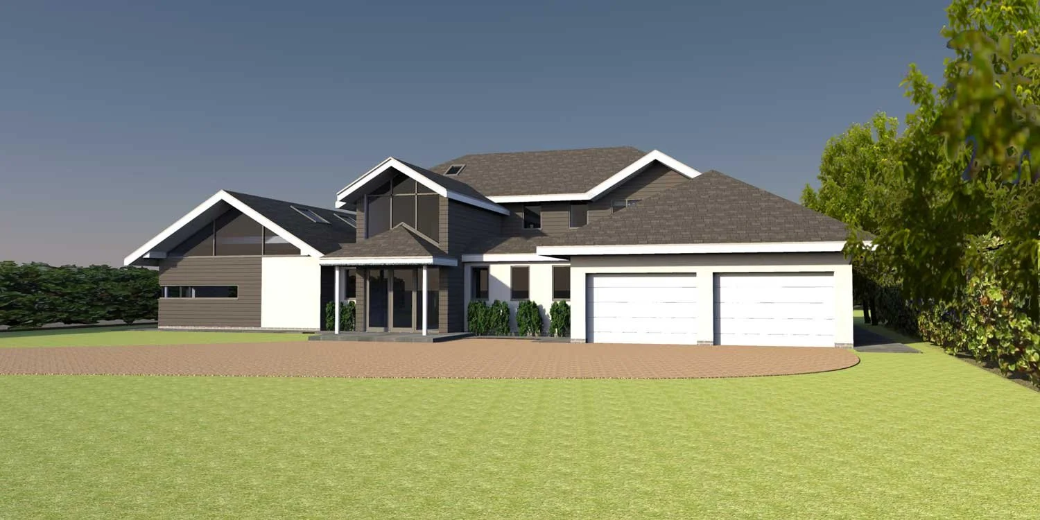 A modern two-story house with dark gray siding, white trim, a brown shingled roof, and a three-car garage, surrounded by a green lawn and trees.