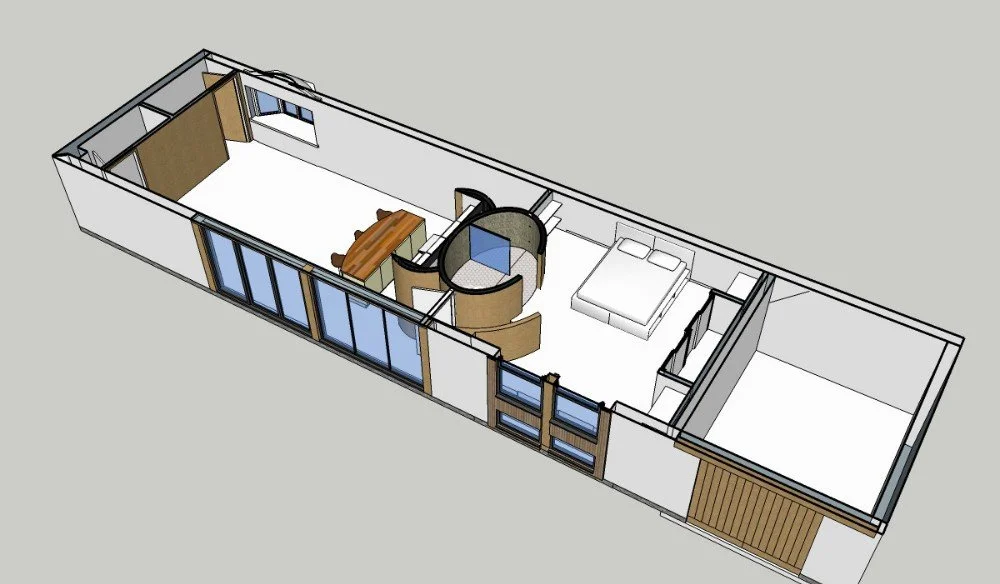 3D floor plan of a narrow, elongated house with living and dining area, kitchen, bedroom, and outdoor space.