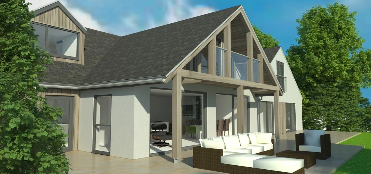 Digital rendering of a modern house with a balcony, large windows, and a patio with outdoor furniture, surrounded by green trees.