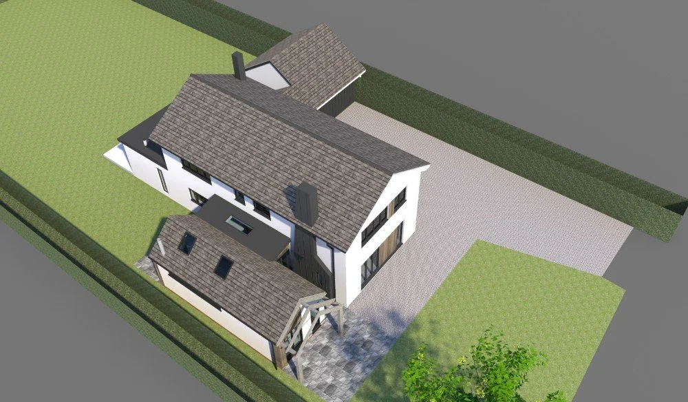 Digital 3D rendering of a modern two-story house with a gable roof, surrounded by a green lawn and gray driveway, with trees and hedges nearby.