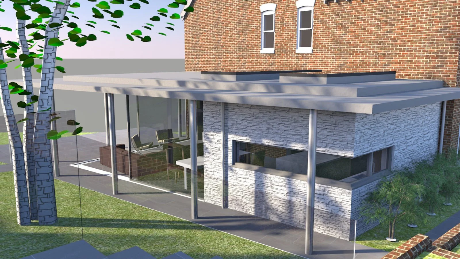 Rendering of a modern house with large glass windows, brick and stone exterior, metal supports, and surrounded by trees and grass.