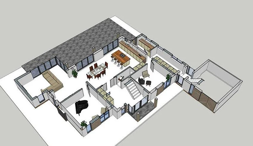 3D floor plan of a modern house with living room, dining area, kitchen, and outdoor patio.