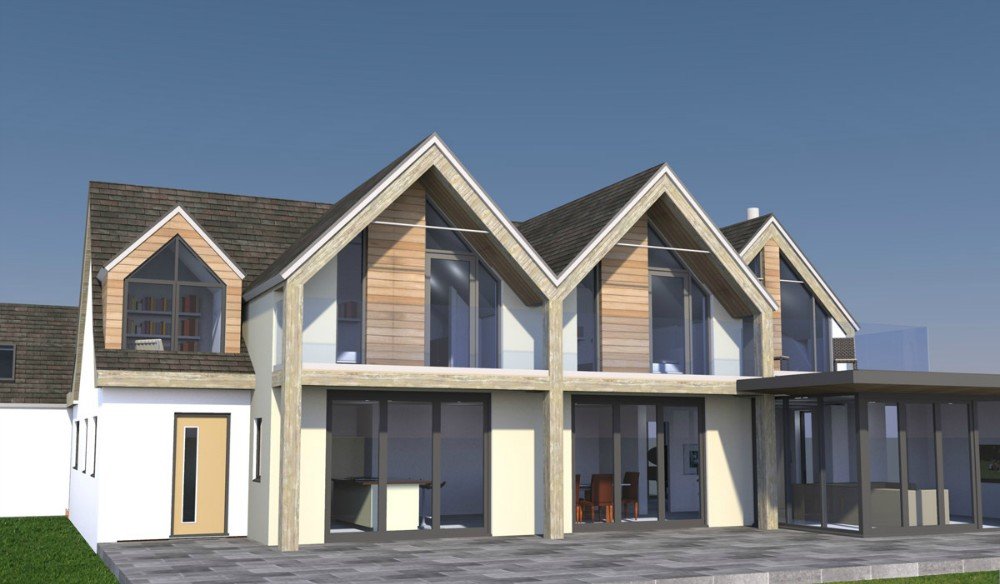 Modern two-story house with gabled roof, large windows, and a side glass extension, featuring a combination of wood and white exterior, and a tiled patio in the foreground.