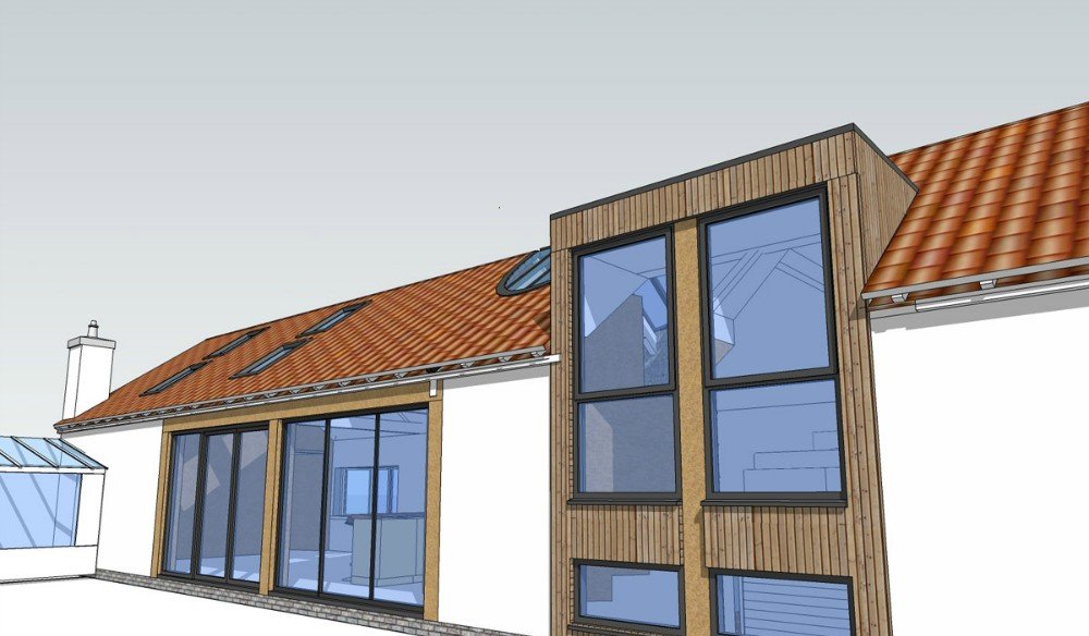 Architectural sketch of a house with large windows, wooden accents, red tiled roof, and a small glass greenhouse on the left.