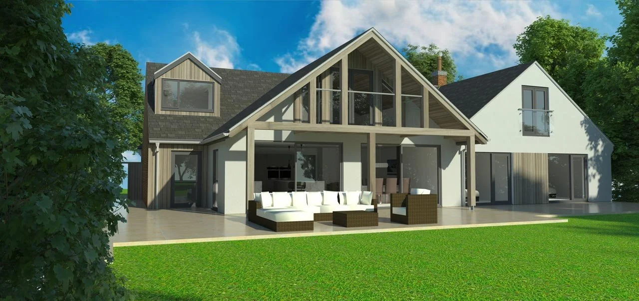 Modern house with a spacious patio and outdoor seating, surrounded by green lawn and trees, under a partly cloudy sky.