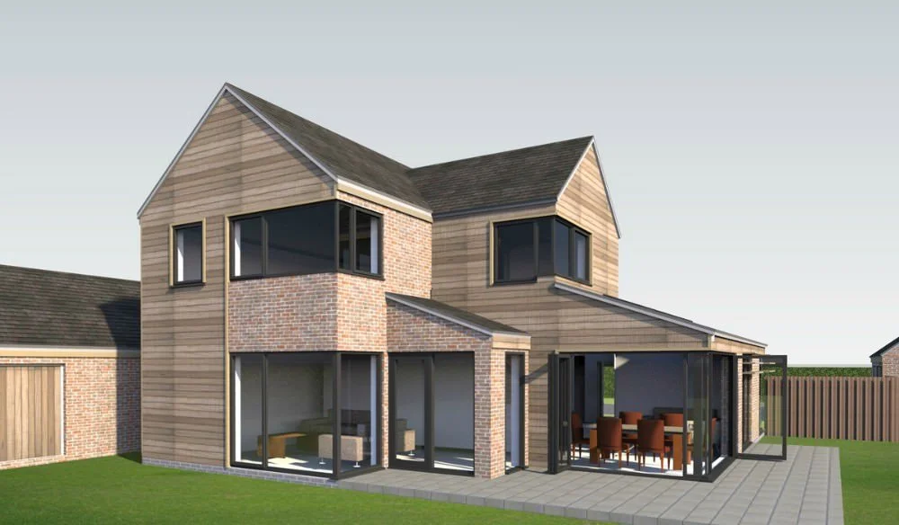 A modern two-story house with a combination of brick and wooden exterior, large glass windows, and a patio with an outdoor dining area.