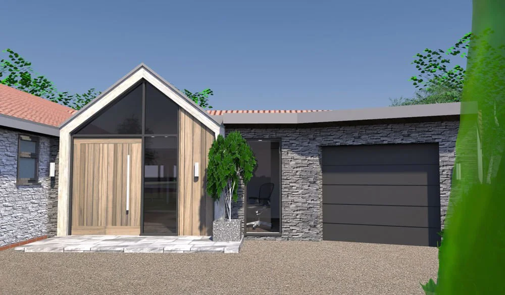 View of a modern residential house with a stone facade, wooden front door, and garage, featuring a small landscaped area with a potted tree.