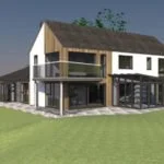 Modern two-story house with large windows, a balcony, and a surrounding grassy lawn.
