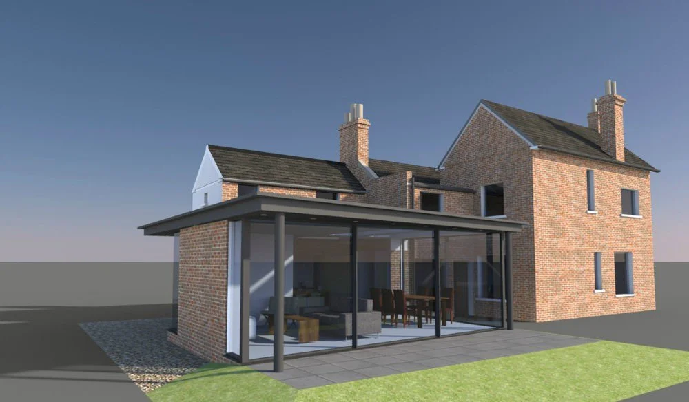 A brick house with a glass-enclosed porch area and a paddle-shaped patio, set on a grassy lawn under a clear sky.