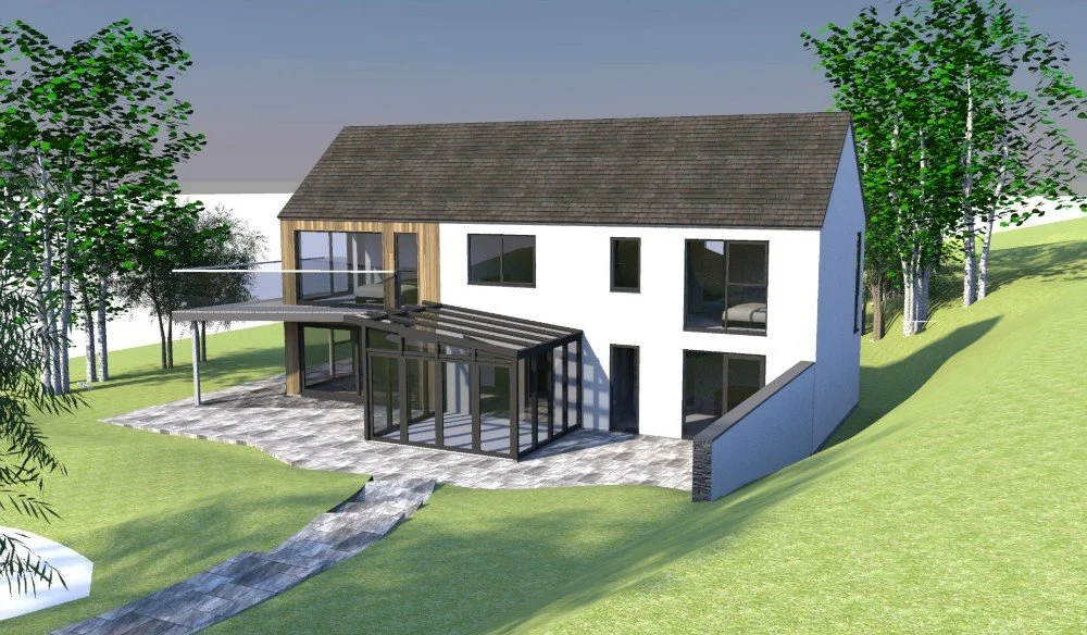3D rendering of a modern two-story house with a sloped roof, large glass windows, and a glass-enclosed porch on a grassy sloped landscape with trees in the background.