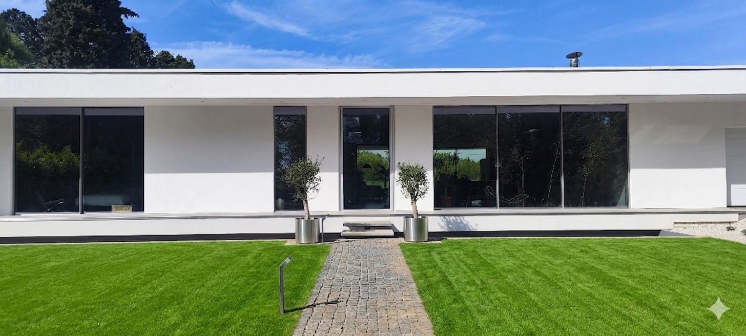 Modern white house with large glass windows, a stone pathway leading to the front steps, two potted trees, and a well-maintained green lawn under a clear blue sky.