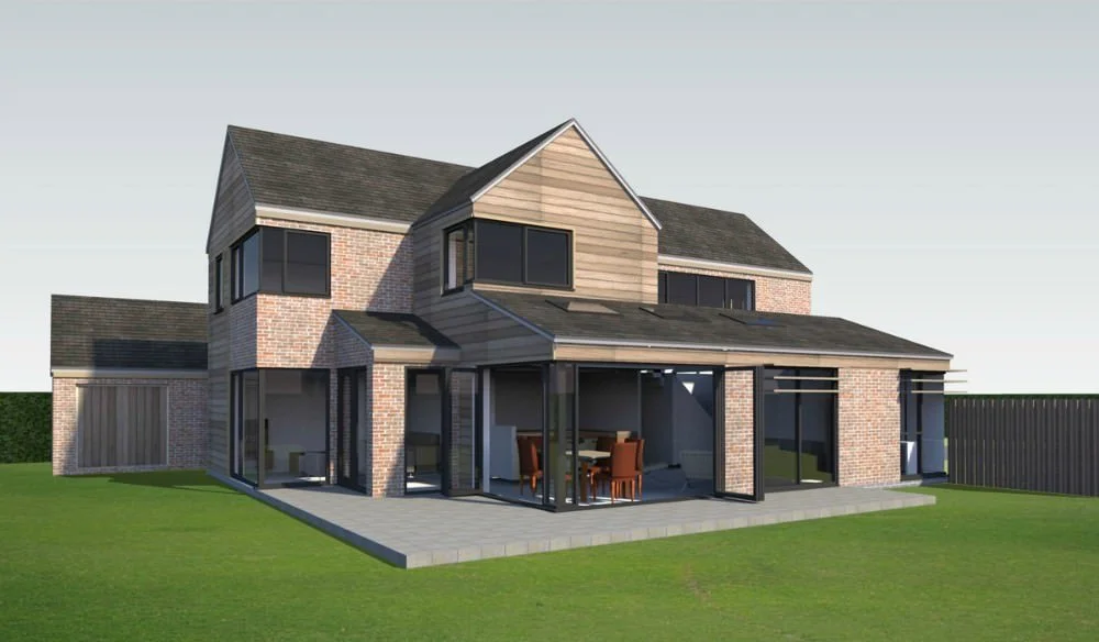 A modern two-story house with brick and wood exterior, large glass windows, and a spacious backyard with a patio and green lawn.