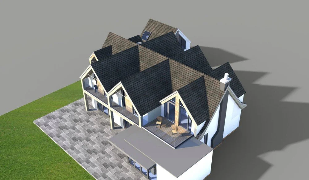3D model of a modern house with a complex roof design, multiple gables, large windows, a small balcony, and a surrounding green lawn and paved area.