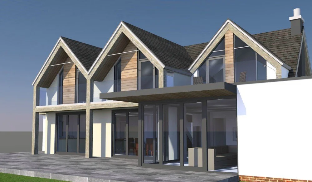 A modern two-story house with a gable roof, large windows, and a combination of wood and white exterior walls, featuring a spacious patio with glass doors.