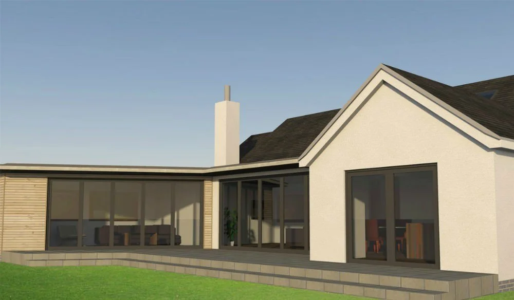 Modern house with large glass windows, a wooden and white exterior, and a lawn in front.