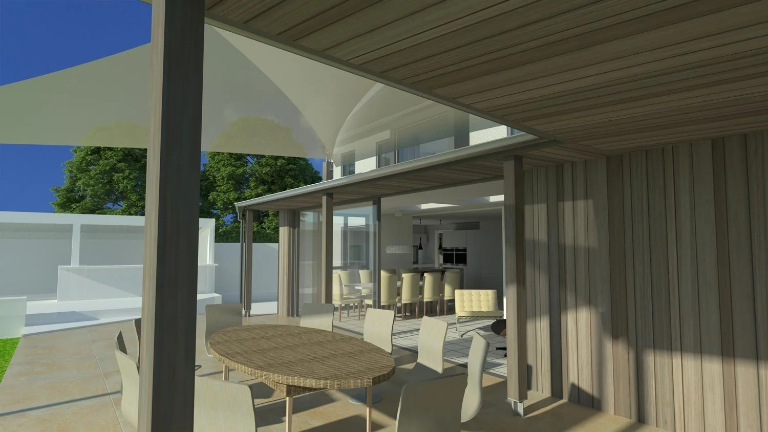 Architectural rendering of a modern outdoor patio area with dining table, chairs, and an open kitchen visible through glass sliding doors, with trees and a clear blue sky in the background.