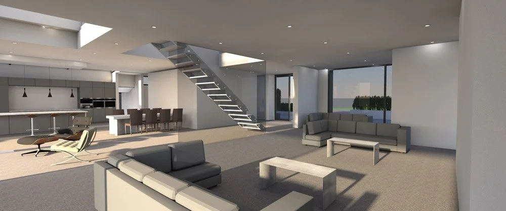 Modern open-concept living room and kitchen with minimalist furniture, a staircase, and large windows.