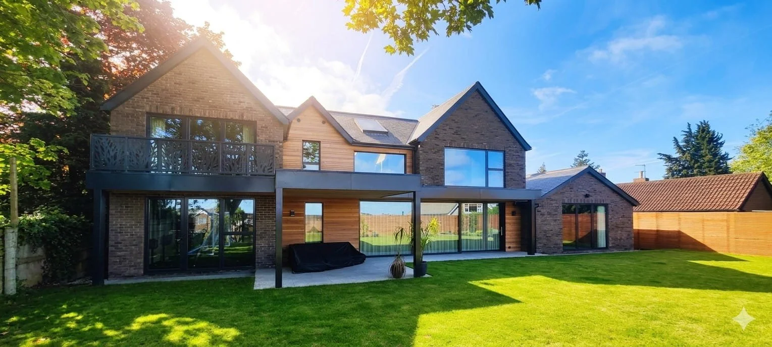 Modern two-story house with brick and wood exterior, large glass doors and windows, balcony, and a green lawn.
