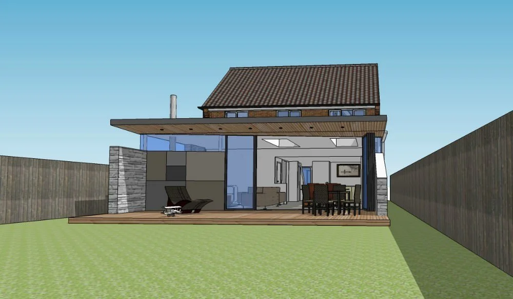 Rendered architectural design of a modern house with a spacious wooden deck, glass sliding doors, and a lawn, featuring a mix of interior and exterior living spaces.
