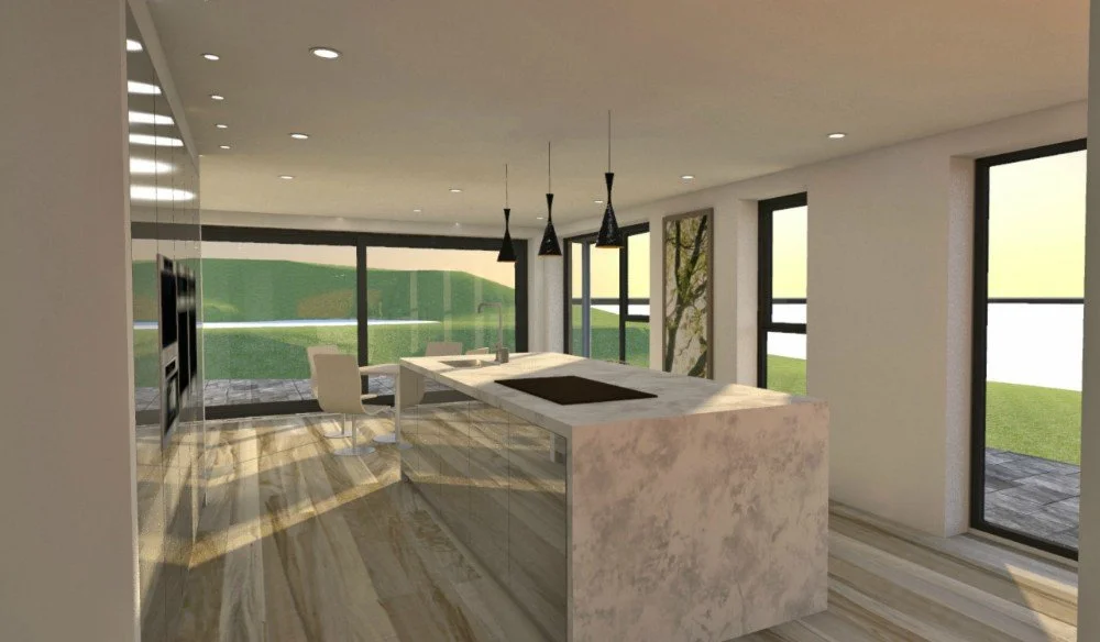Modern kitchen with marble island, black pendant lights, white chairs, and large windows overlooking a green outdoor area.