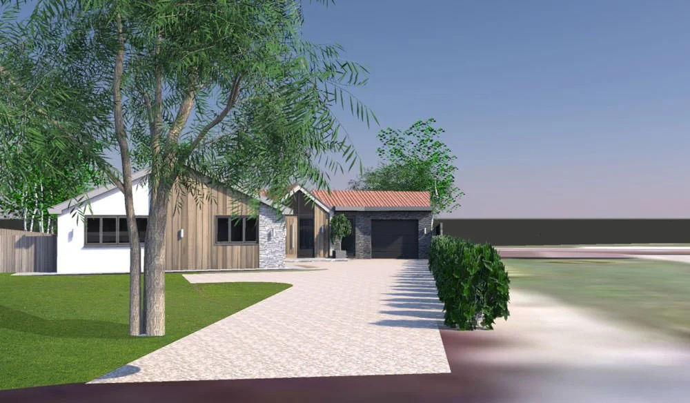 A modern single-story house with a brick and wood exterior, surrounded by a well-maintained lawn, trees, and a paved driveway leading to a garage.
