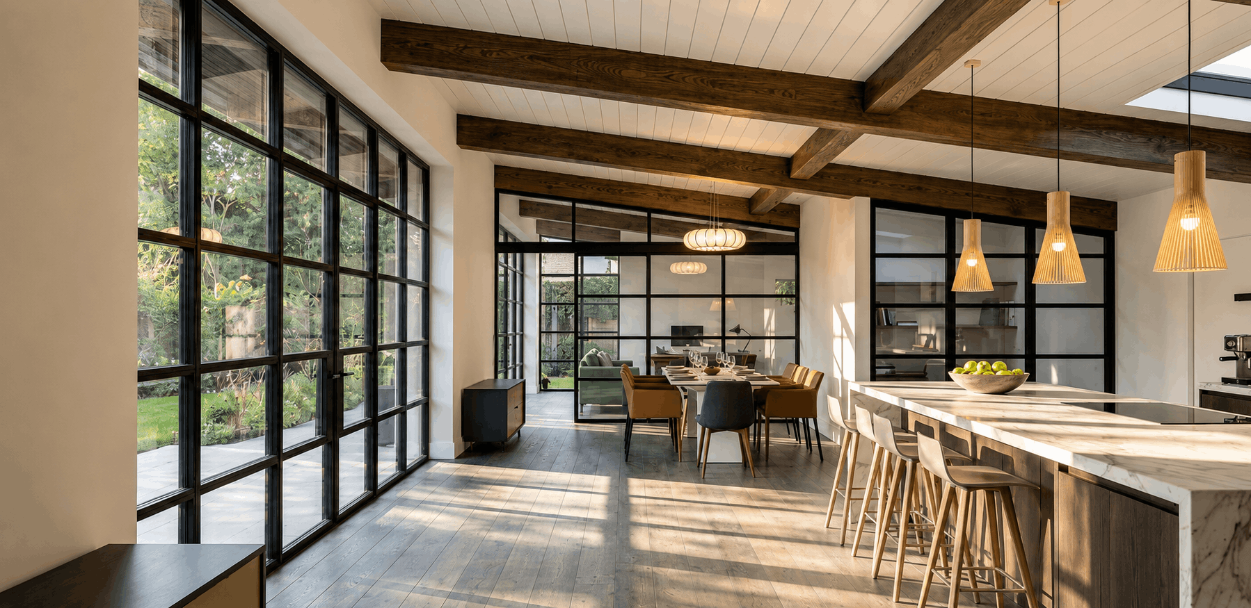 Modern open-concept kitchen and dining area with large floor-to-ceiling windows, wooden beams, a marble kitchen island with barstools, and pendant lighting.