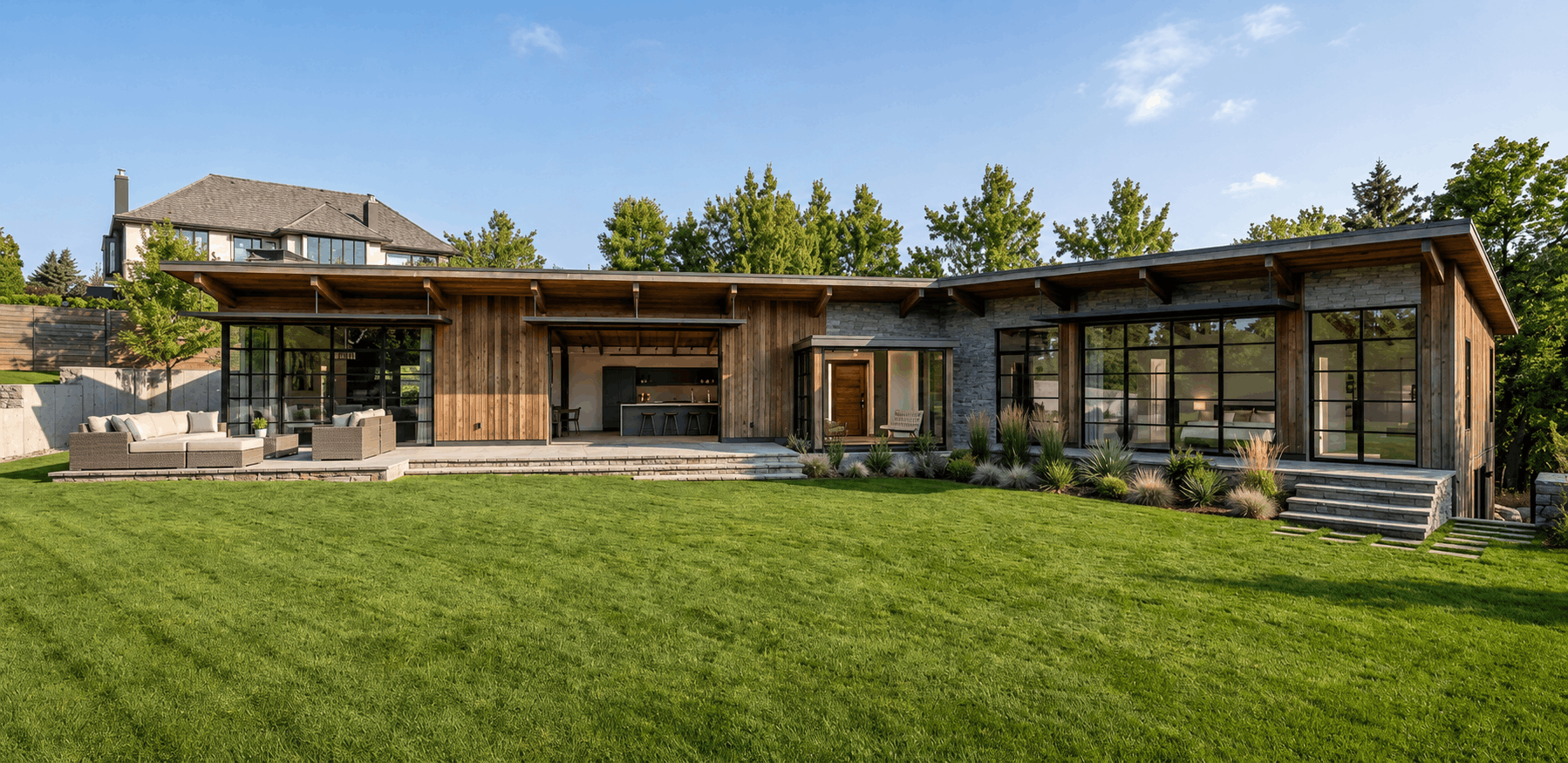 Modern house with wooden and stone exterior, large glass windows, a lawn, and outdoor seating area.