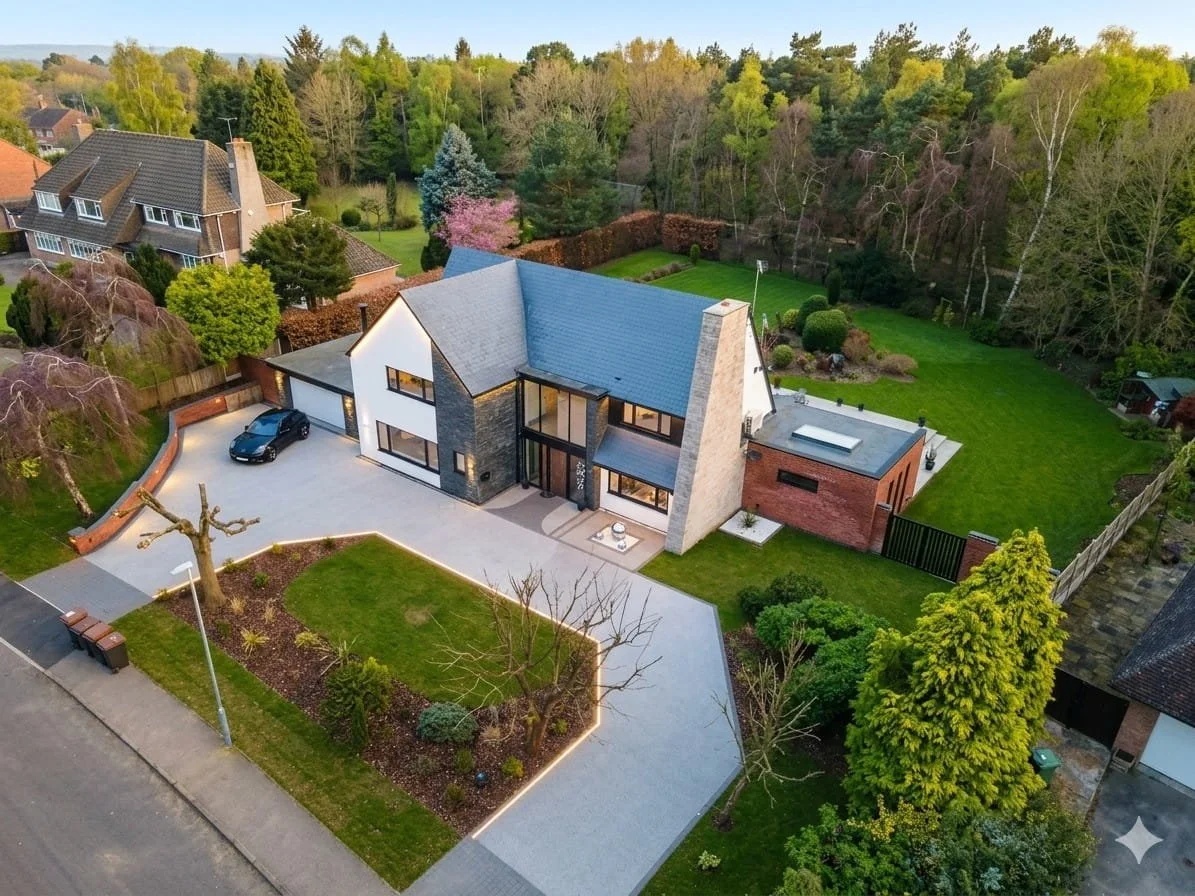 A modern two-story house with a gray pitched roof, large glass windows, and a combination of stone and brick exterior, surrounded by a landscaped front yard and green lawn, with trees and neighboring houses in the background.