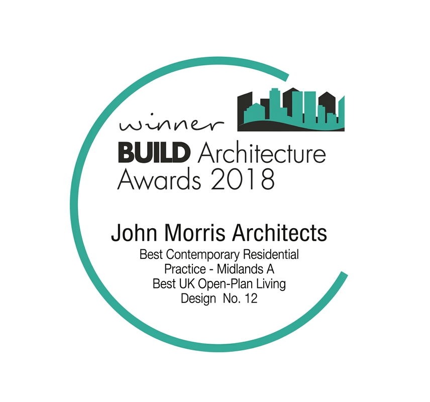 Award certificate from the 2018 Build Architecture Awards, won by John Morris Architects for Best Contemporary Residential Practice in Midlands A and Best UK Open-Plan Living Design No. 12.