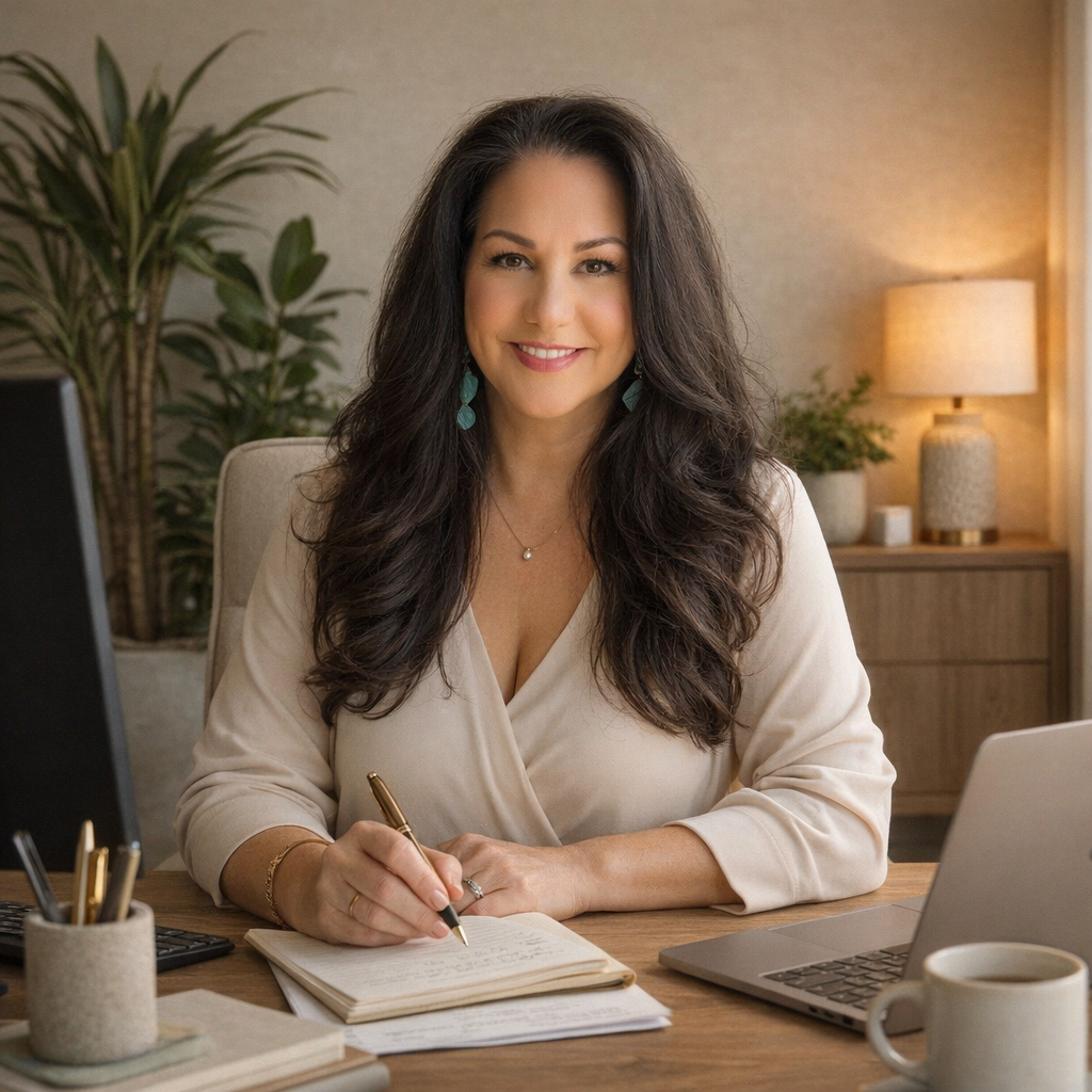 A woman with long dark hair, wearing a cream-colored blouse, sitting at a desk with a laptop, notebook, and pens, smiling at the camera in a cozy office setting.