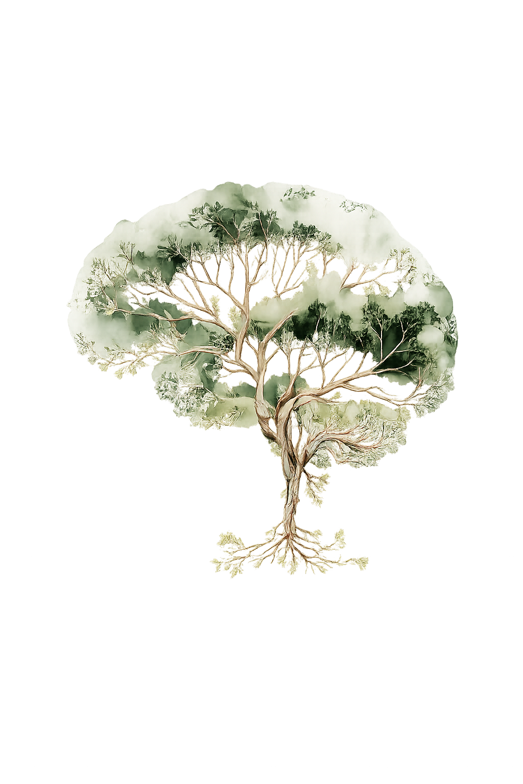 A digitally stylized tree with visible roots and a canopy of green leaves, set against a dark background with digital sound wave patterns.