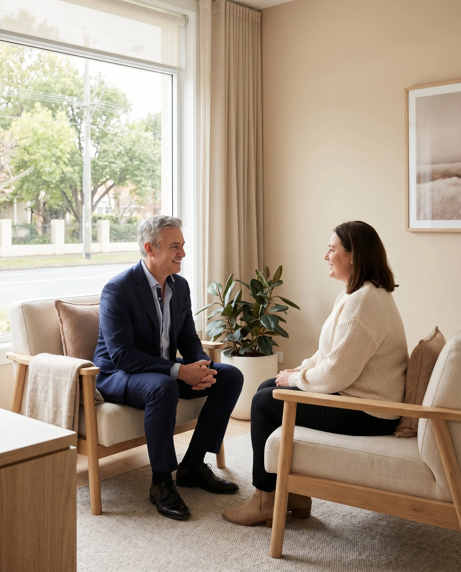 A man and a woman sitting facing each other in a cozy, well-lit room with a large window, engaging in a friendly conversation with both smiling, and a green potted plant between them.