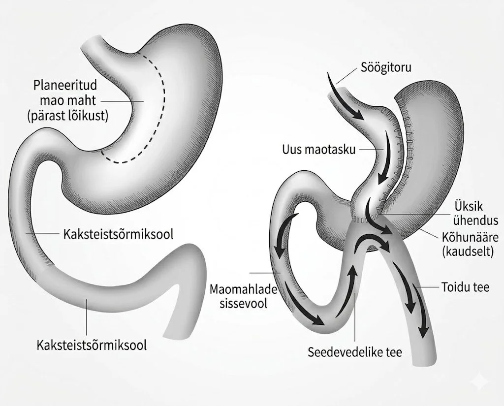 Diagram of the human stomach and digestive process with labels in Estonian, showing food flow from ingestion, stomach digestion, to small intestine.