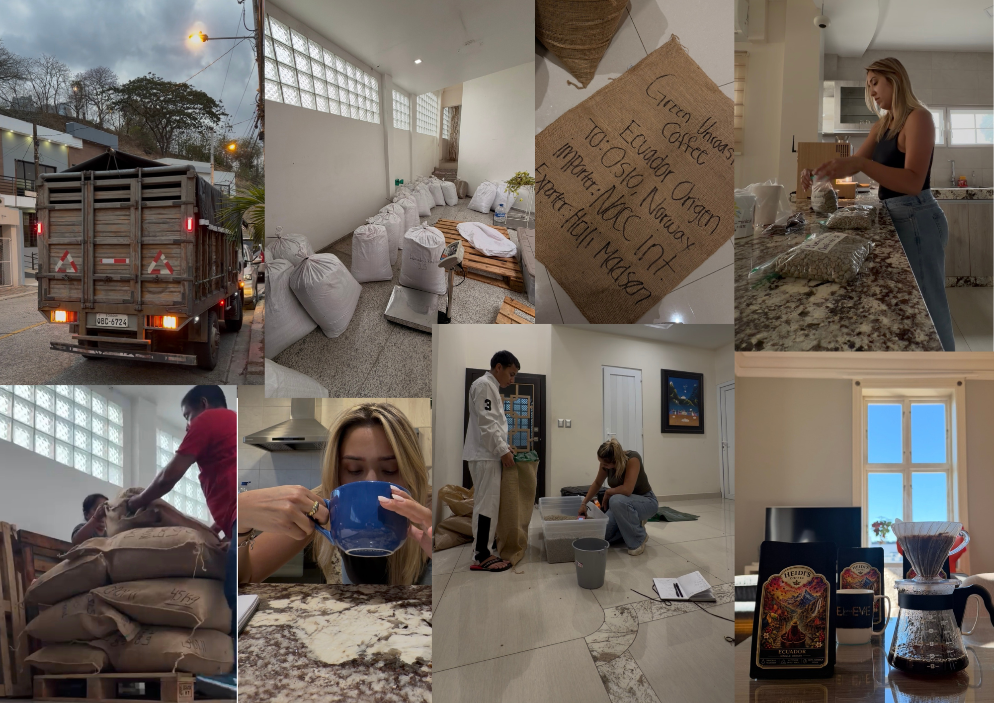 Bilder av mennesker som baker og pakker kaffe, samt en lastebil som leverer varer, og en innside med poser fylt med kaffe og en merket pose med kaffe fra Ecuador, Santa Marta, og Kingston. Flere personer deltar i baking og pakking av kaffe på kjøkkenet.
