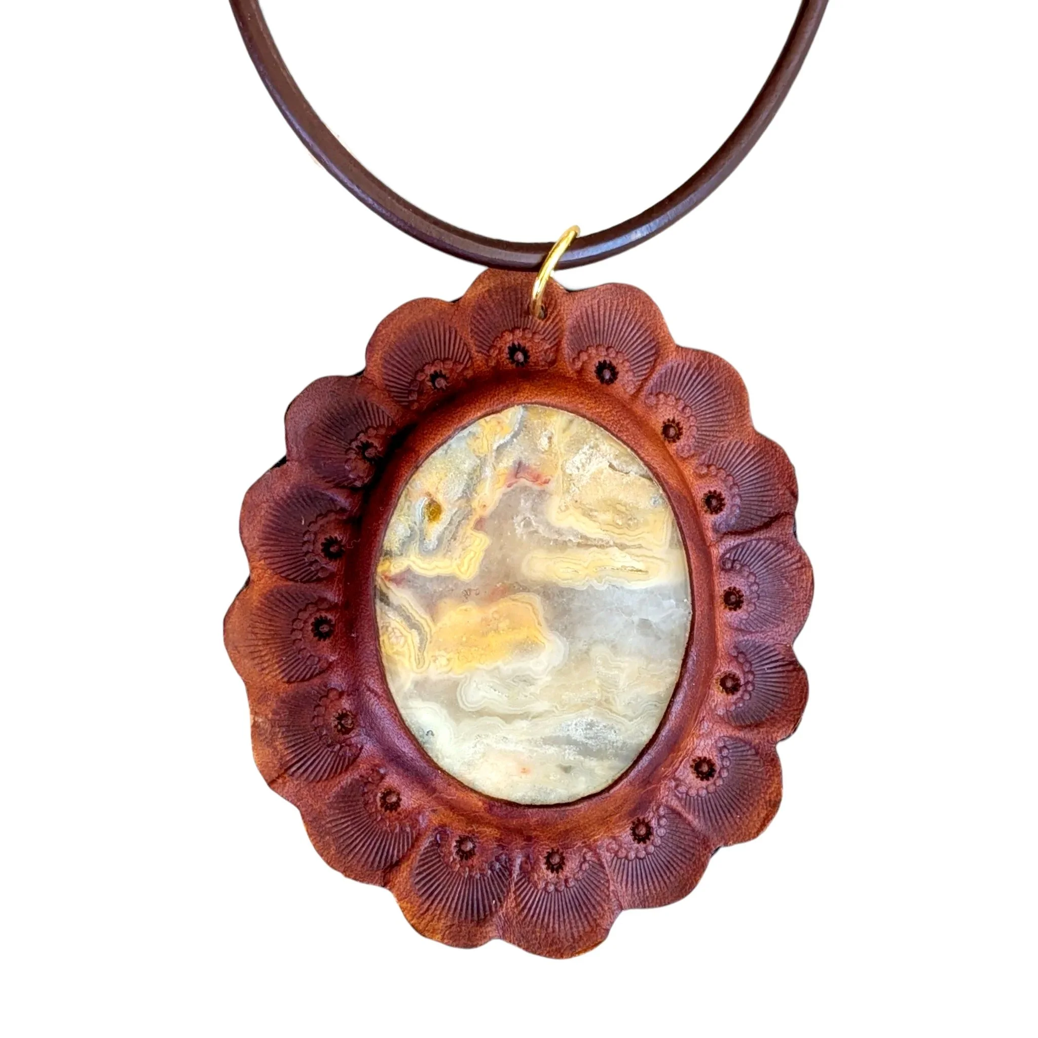 Palm Stone Pendant – Handcrafted Leather & Ripple Jasper Gemstone