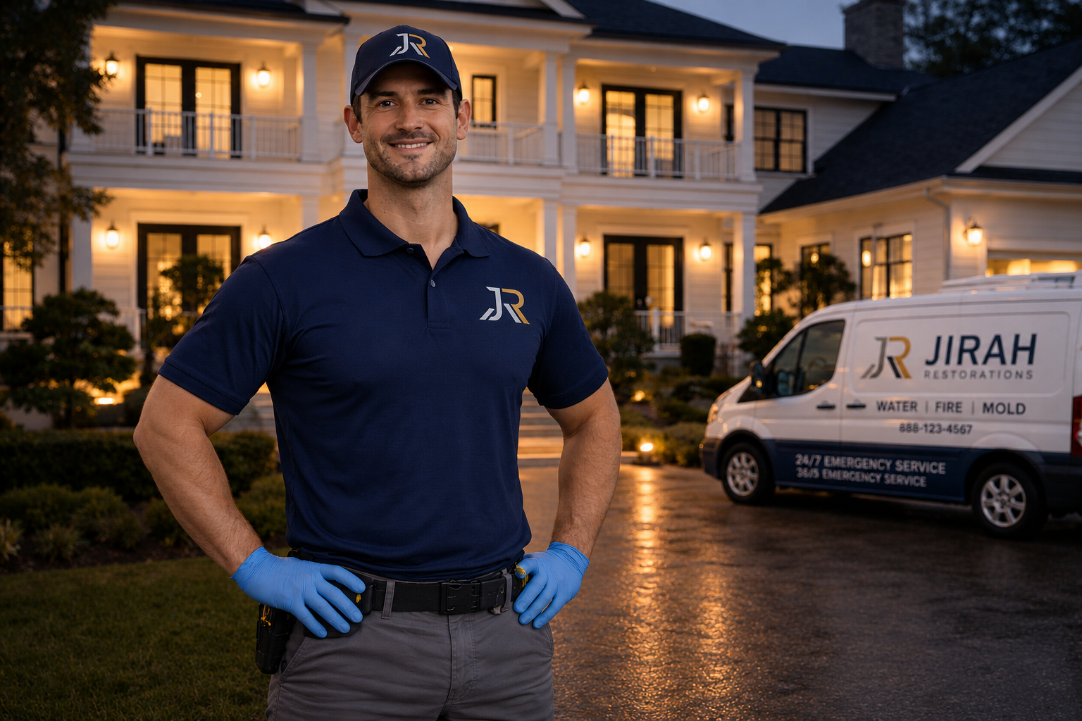 Man standing outside a house at dusk, wearing a navy Jirah Restorations uniform and gloves, with a company van in the background.