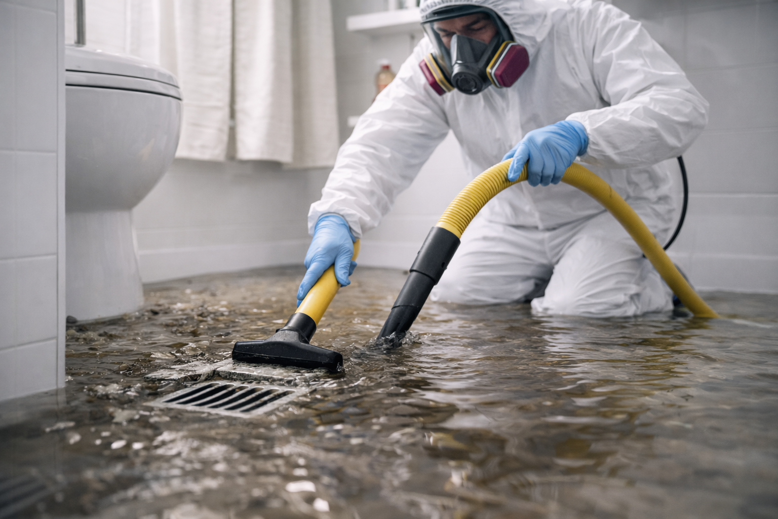 A person wearing a white protective suit, blue gloves, and a respirator mask is kneeling on the floor and using a yellow wet vacuum to remove water from a flooded bathroom.
