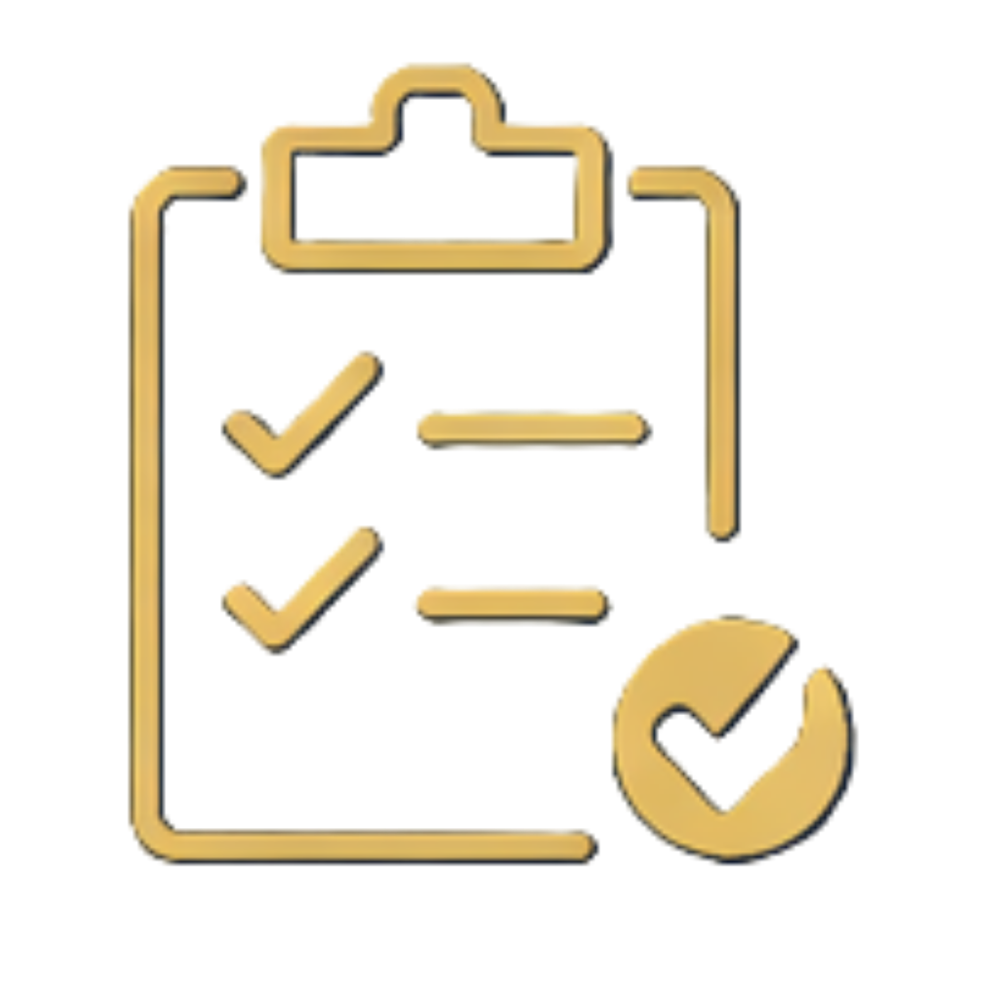 A digital icon depicting a camera with a checkmark over it, outlined in gold with a black background.