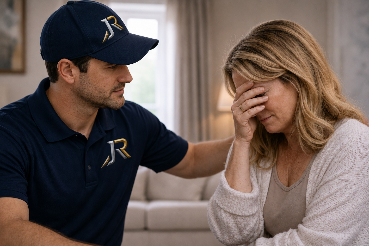 A man in a navy uniform with a logo and cap comfortingly touches a woman with blonde hair, wearing a white sweater, who appears distressed with her hand on her forehead in a living room.