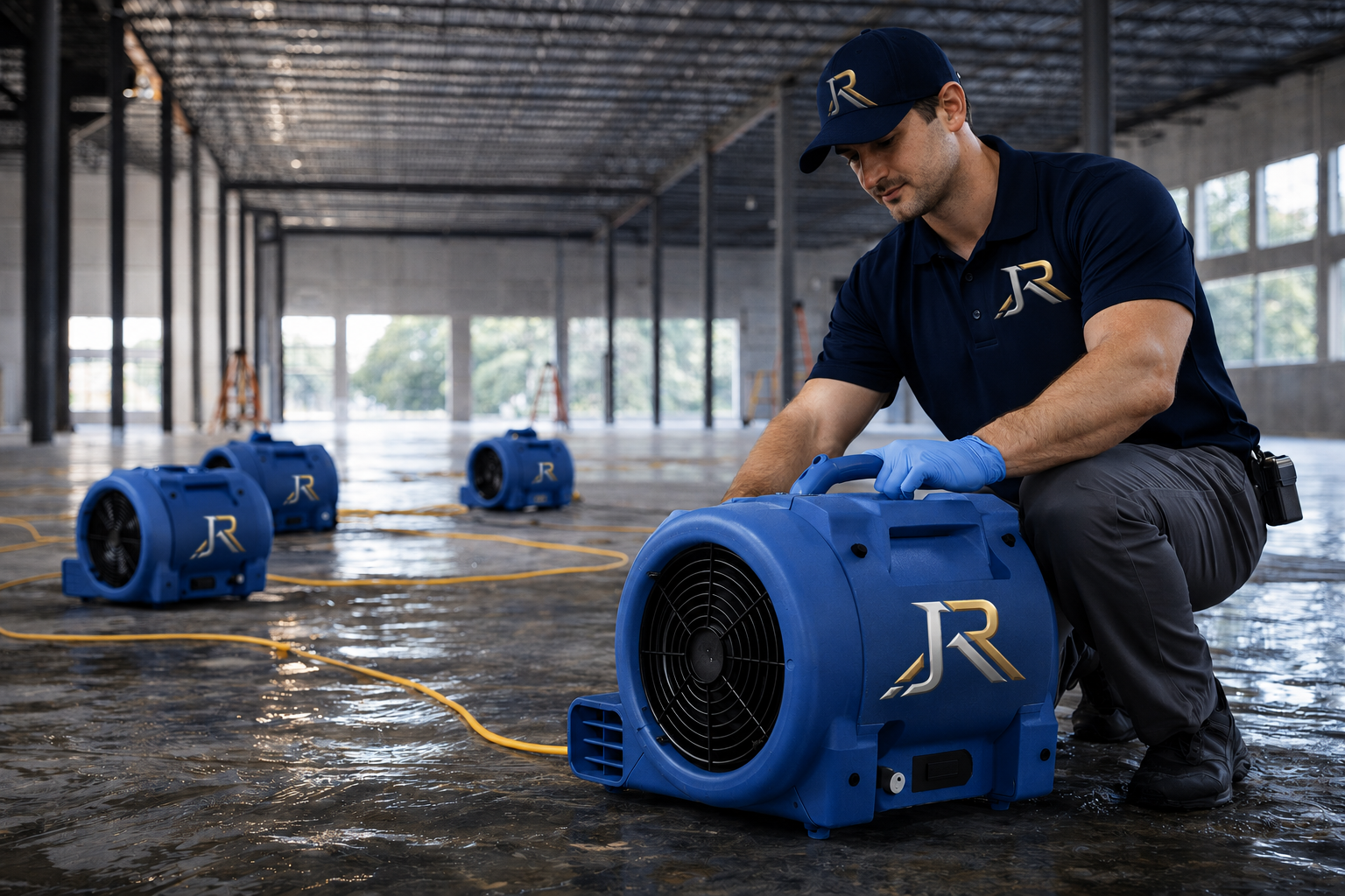 A technician in a blue uniform and cap inspects industrial air movers inside a large, unfinished warehouse with concrete floors and metal ceiling. The air movers are blue with a gold 'JR' logo, and yellow extension cords are connected to each.