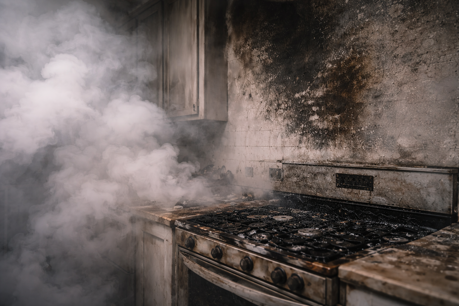 Burnt kitchen with blackened stove and charred wall, smoke billowing from stove after fire.