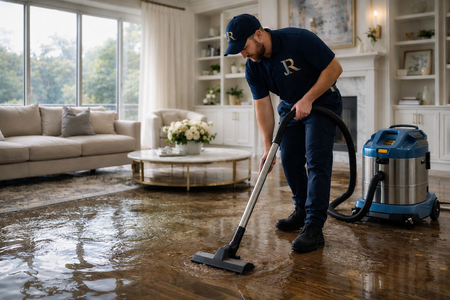 A man cleaning a flooded wooden floor in a living room using a wet vacuum cleaner.