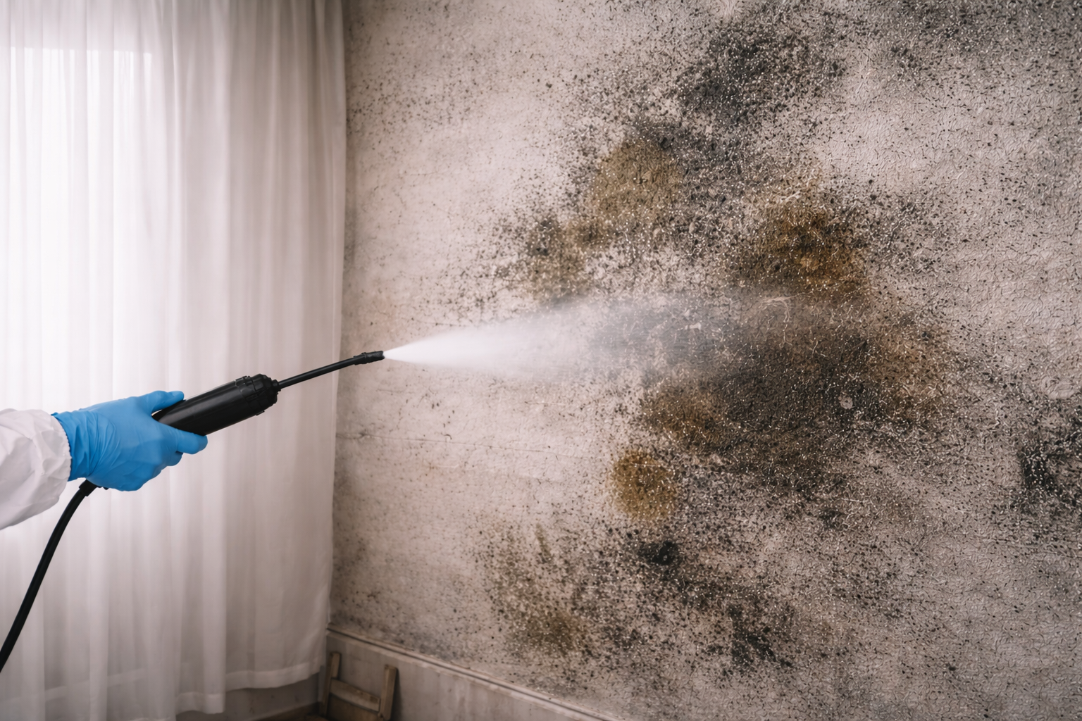 Person in blue gloves and white protective suit using a handheld steam cleaner on a moldy wall.