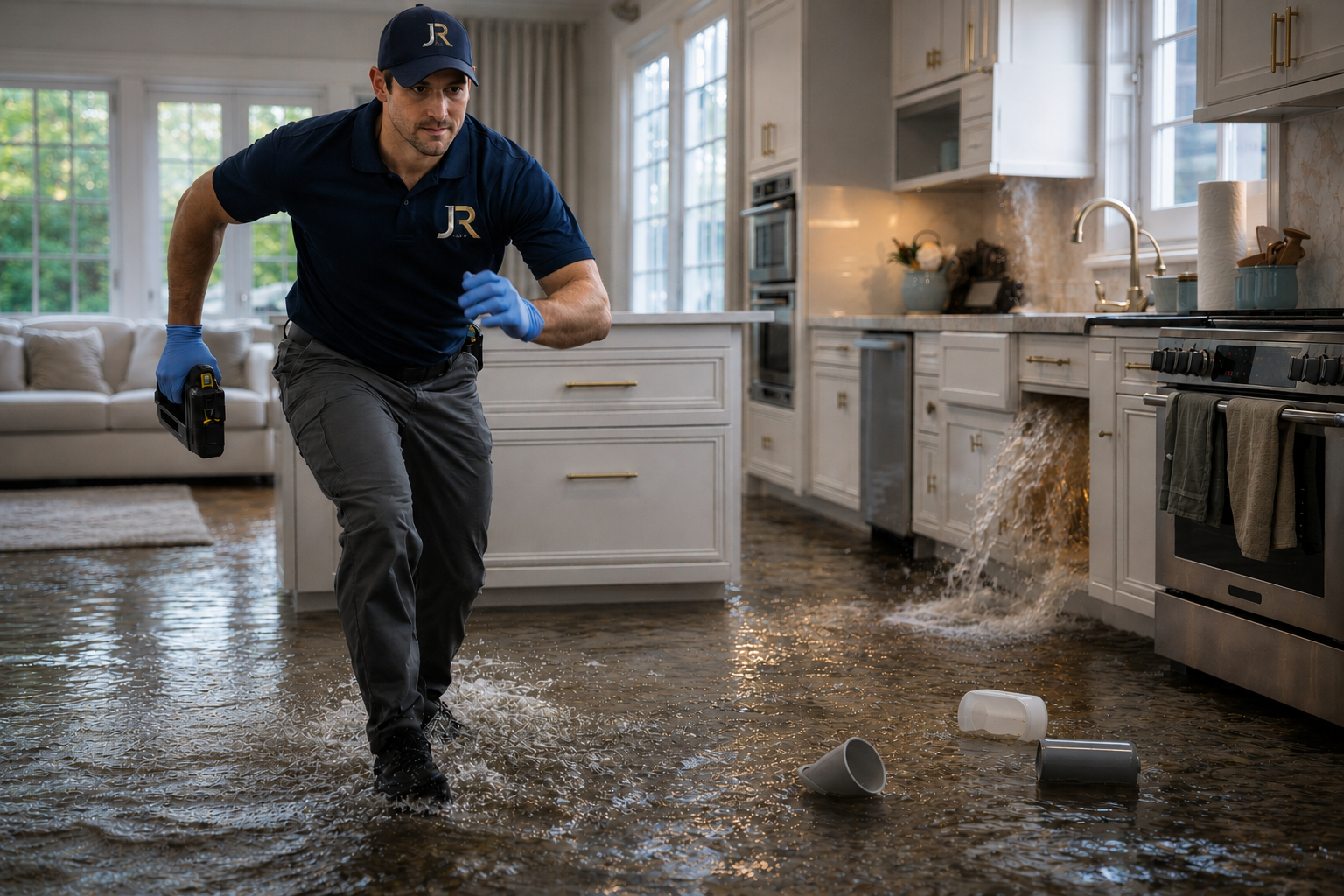 A man in a blue uniform and gloves is performing a flood cleanup inside a kitchen, with water and debris on the floor and a burst pipe causing water to spill out from under the sink.