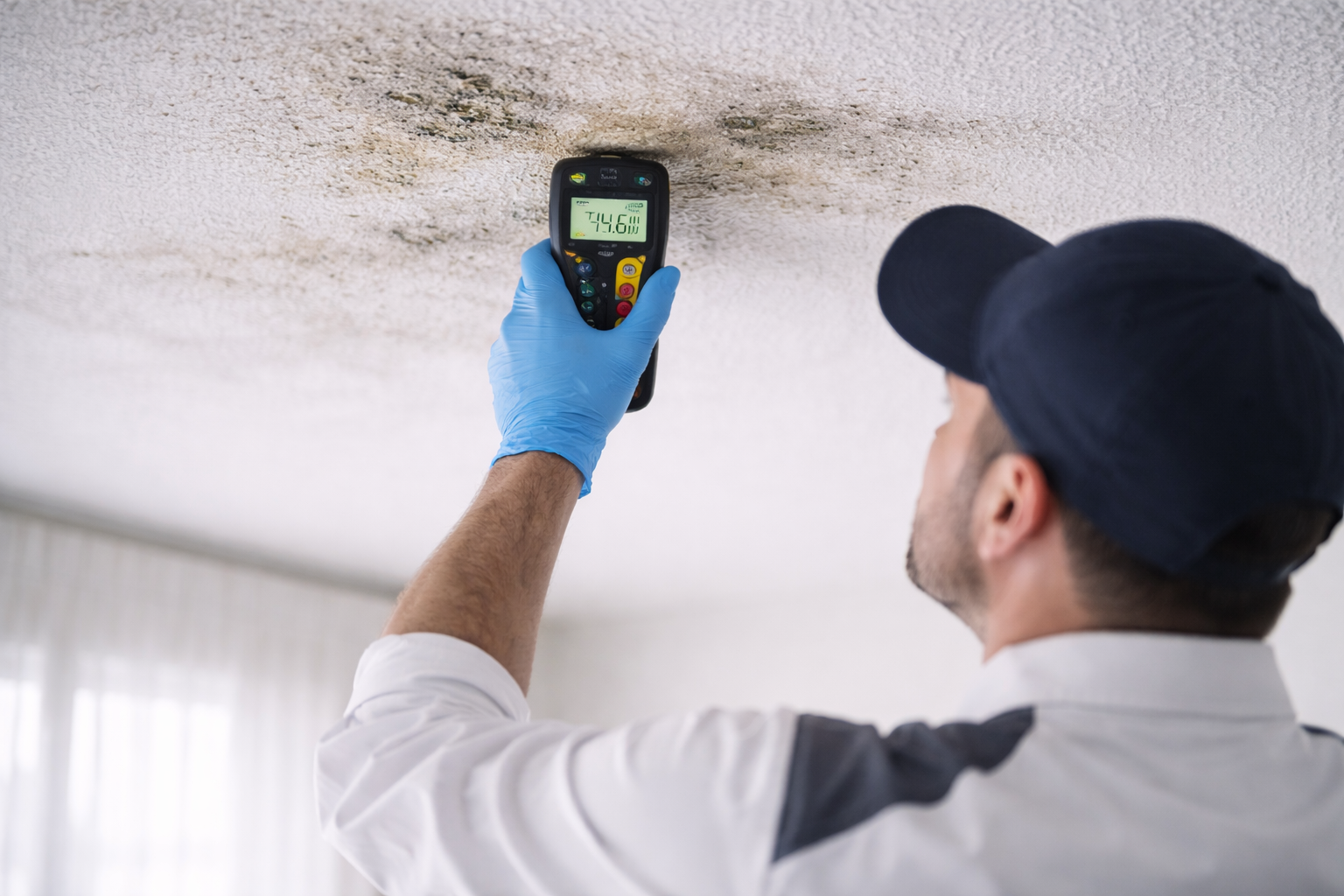 A person wearing a black cap and a white shirt with black accents is holding a moisture meter against a stained ceiling, measuring the moisture level.
