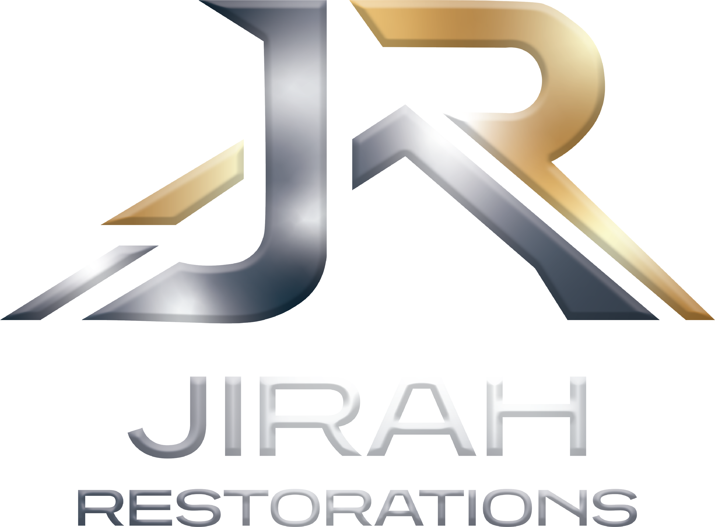 Close-up of a three-dimensional sign with the words 'JERA RESTORATIONS' in bold, metallic letters. The sign has a sleek, modern design with a metallic silver and gold color scheme.