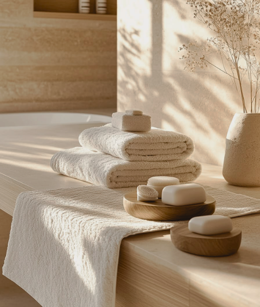 Stacked white towels, soap bars, and a wooden tray on a sunlit bathroom counter with a potted plant and decorative dried flowers.