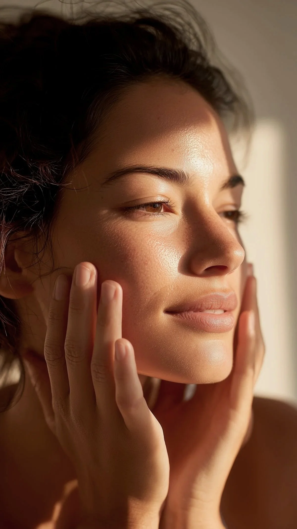 A close-up of a woman gently touching her face with both hands, her eyes closed, glowing skin, natural makeup, and soft lighting.