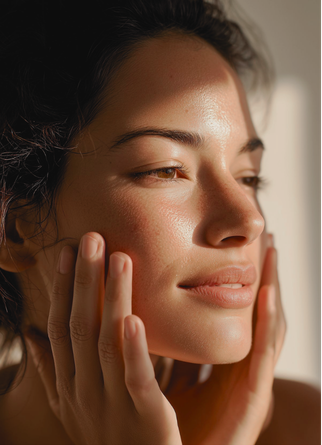 Close-up of a young woman touching her face gently with both hands, with natural lighting highlighting her clear skin and relaxed expression.