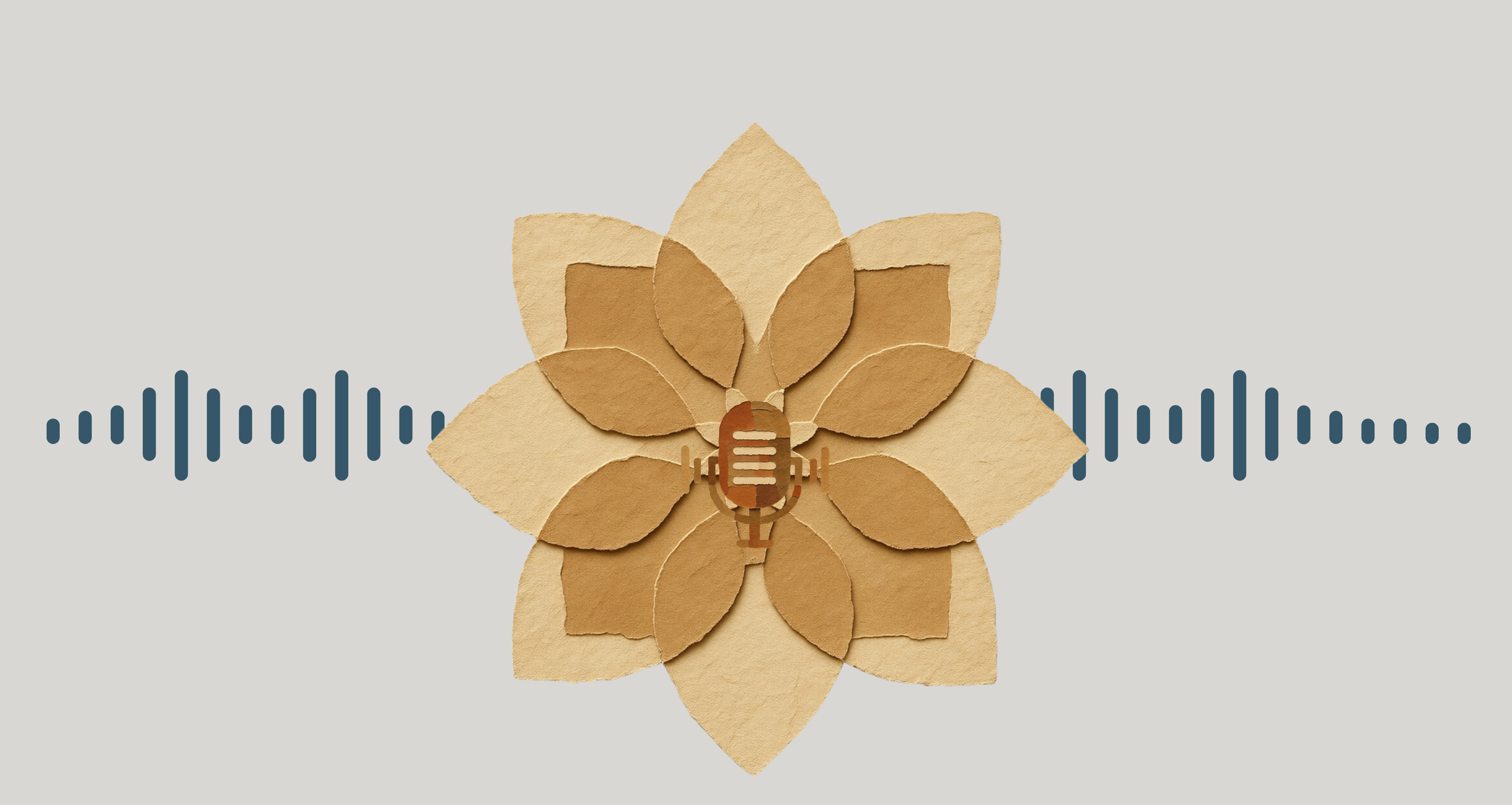 A cut-out flower with layered petals in shades of beige and brown, overlaid with a vintage microphone icon, and surrounded by a blue sound wave pattern on a light gray background.